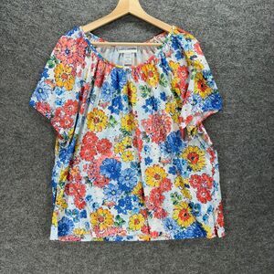 Cathy Daniels Blouse Women 2X Plus Blue Floral Short Sleeve Round Neck Casual